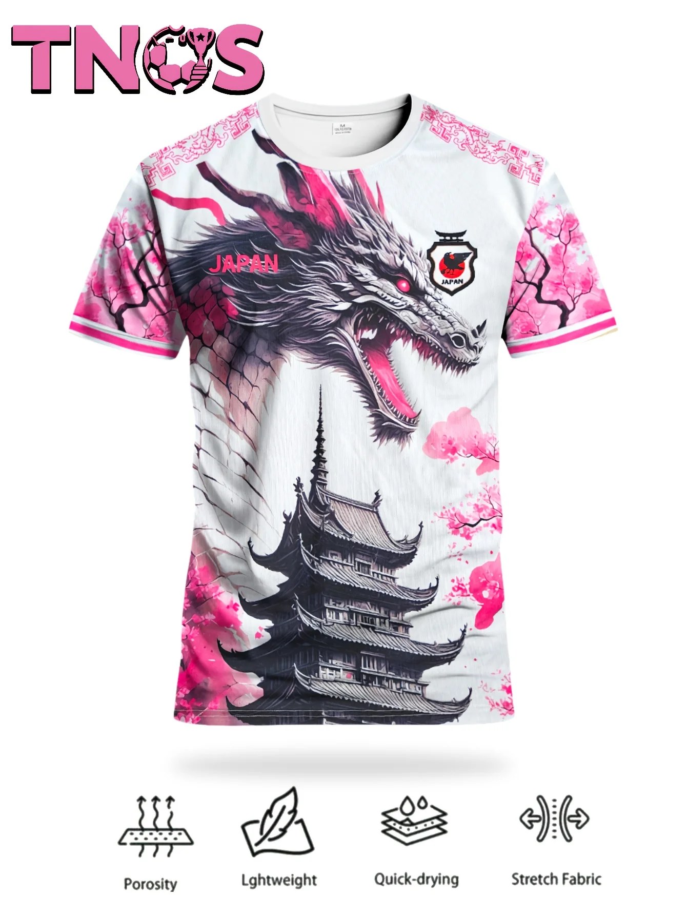 Japanese-style dragon and cherry blossom 3D printed children's football T-shirt, summer men's and women's breathable T-shirt