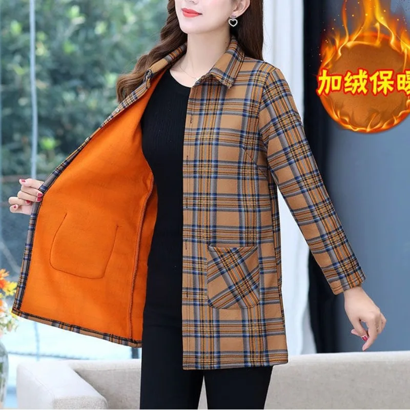 Women\'s Autumn Winter Fashion Elegant POLO Collar Plaid Button Pocket Plush Casual Long Sleeve Slim Fit Mid Length Shirt Tops