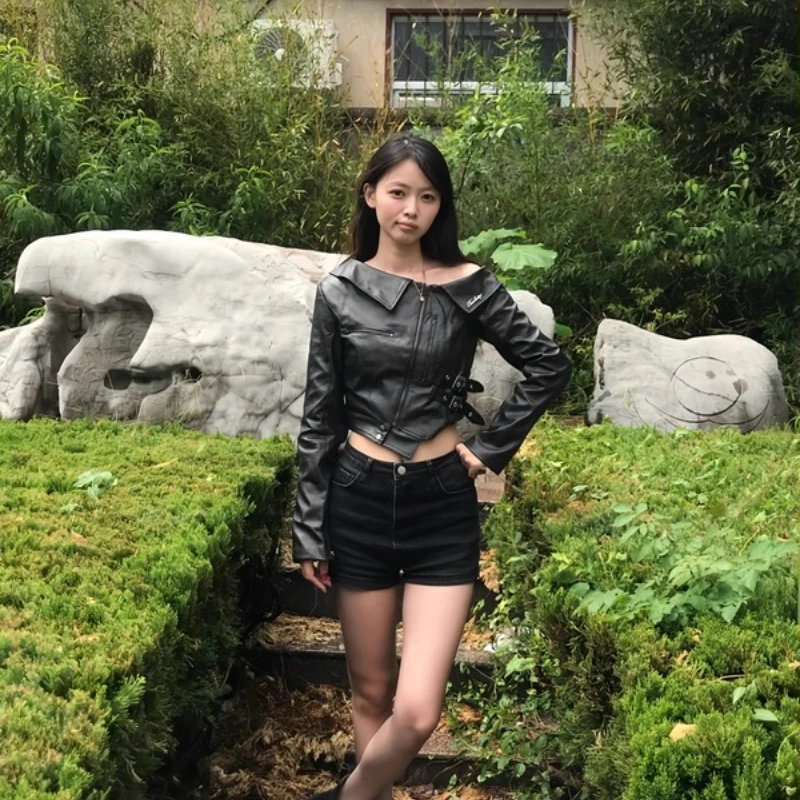 Punk Black Short Off-Shoulder Leather Women's Jacket Original Autumn New Sweet Cool Sexy Zipper Locomotive Lace-Up Coat Ladies