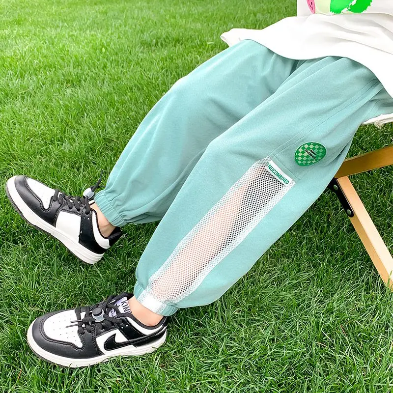 

2023 Summer New Kids Clothing Solid Color Spliced Gauze Pocket Sports Casual Elastic Waist Boys Lively Loose Fashion Trousers