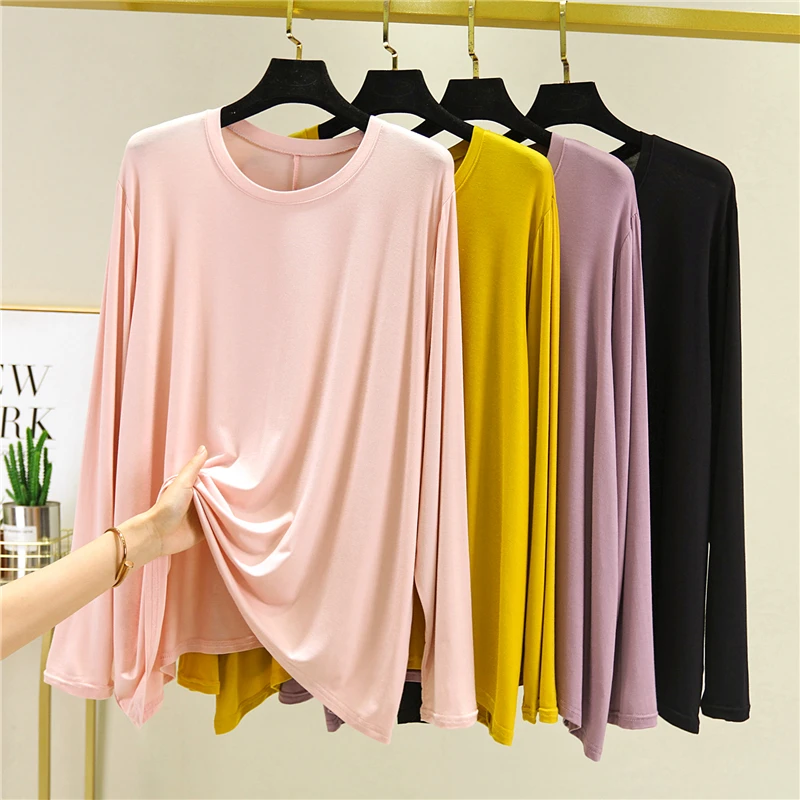 Modal Long-Sleeve T  Shirt Spring Autumn Clothing Women's Thin  Base Shirt Solid Color Loose Slimming Top Tees Tops