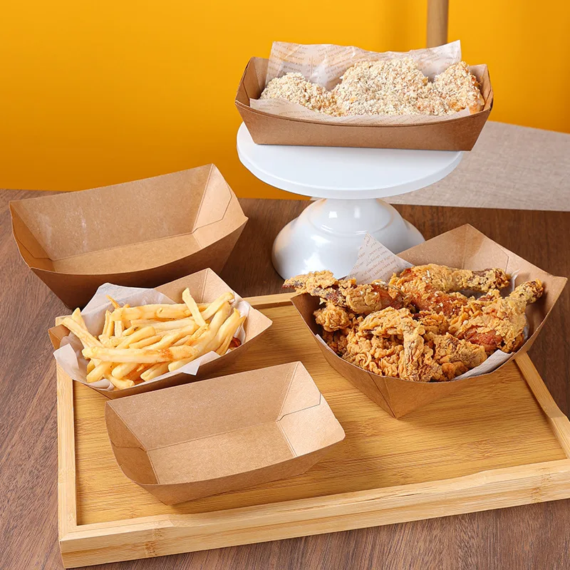 5/10Pcs Brown Kraft Paper Food Trays Disposable Snack Boat Serving Tray for Wedding Party BBQ French Fries Nachos Hot Dog Box