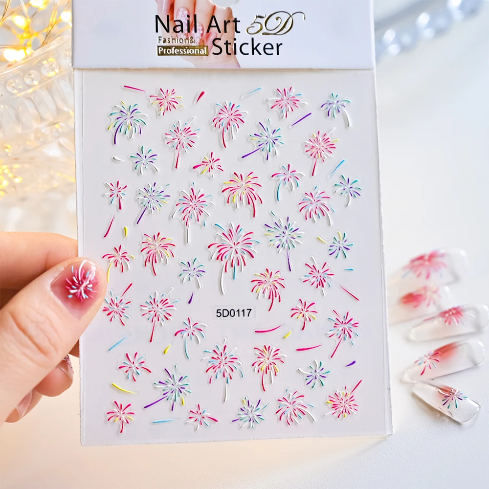 Embossed Colorful Flash Fireworks Nail Art Decals 10*8cm Adhesive Pink Colorful Firework Nail Decoration Sticker Manicure Slider