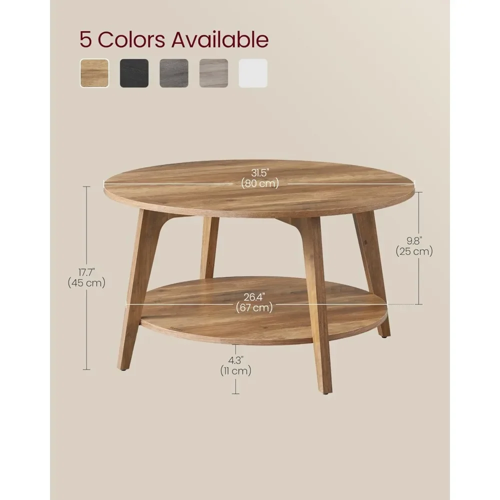 Round Coffee Table, 2 Tier Coffee Table with Storage, for Living Room, 31.5 x 17.7 Inches, Easy to Assemble, Honey Brown