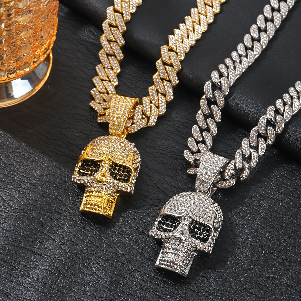 Row Rhinestone Hip Hop Skull Full Diamond Cuban Chain Pendant Necklace for Men, Personalized High Sense Jewelry Accessories