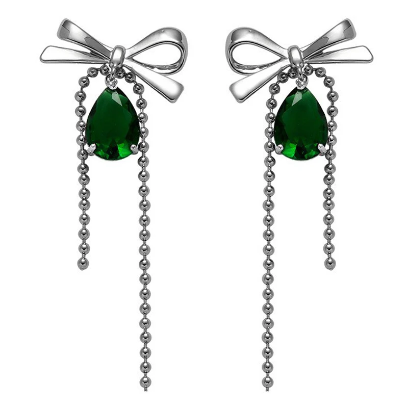 Eetit Attractive Green Glass Water Drop Bow Knot Tassel Chain Stud Earrings for Women Delicate Chic Zinc Alloy Fashion Jewelry