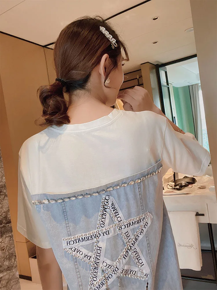 Y2K Women Summer Cotton Denim Spliced Patchwork Dresses Luxury Diamond Stars Chains Beaded Party Club Blousa Tees Dresses NZ37