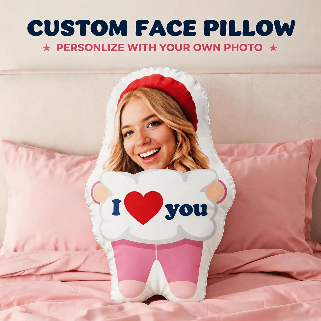 Custom Personalized Photo Face-Shaped Pillow, Smiling Red Beret Custom Picture Decorative Cushion, Unique Home Decor Accent for
