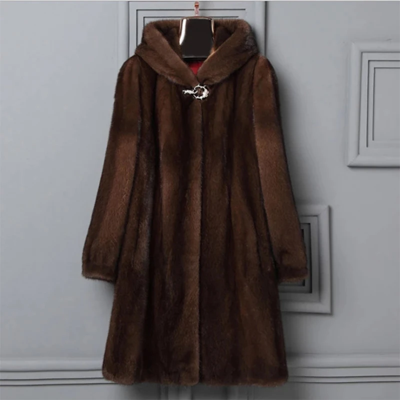 Winter Luxury Long Black Brown Faux Mink Fur Coat Women with Hooded Long Sleeve Elegant Thick Warm Fluffy Furry Jacket