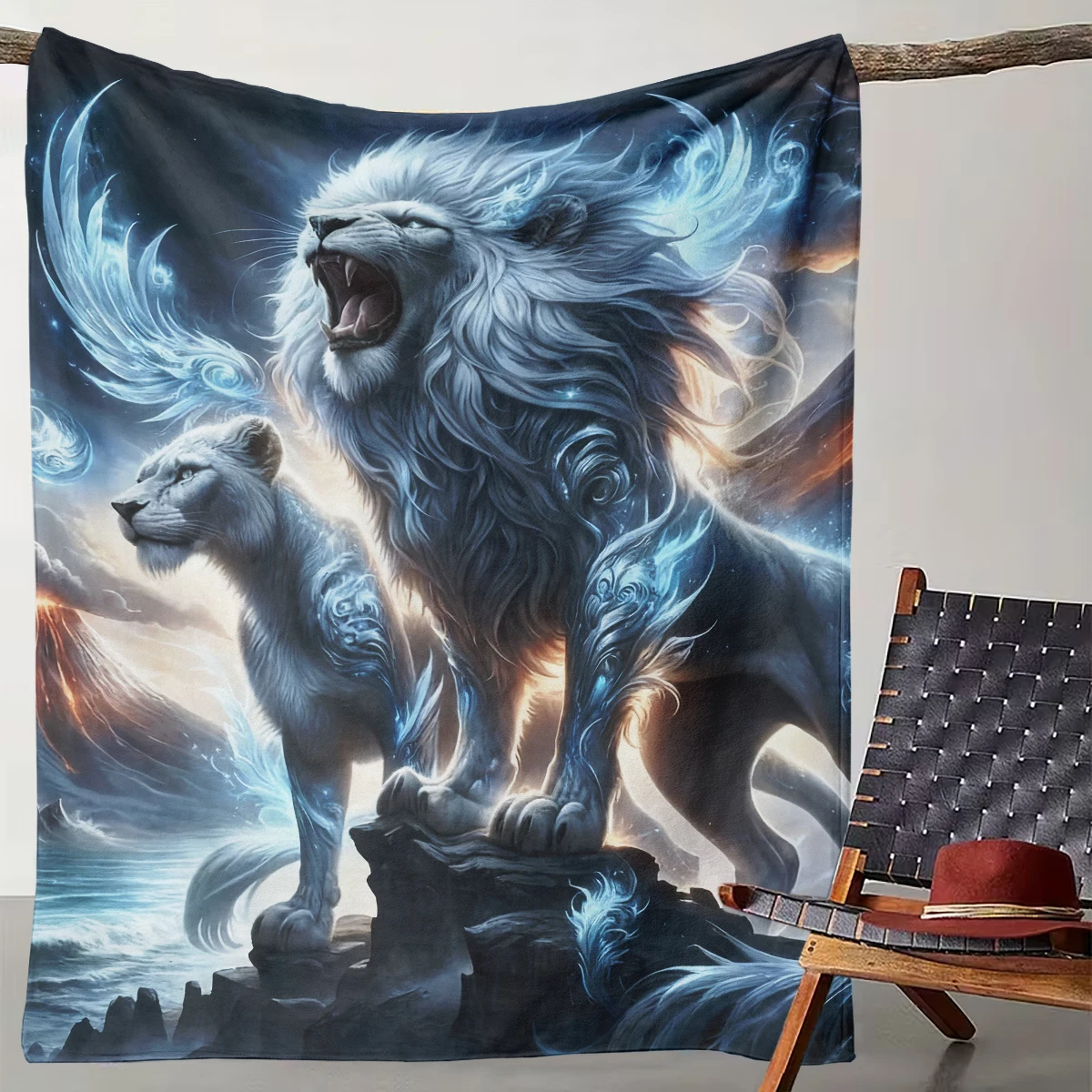 

1 Ice Blue Lion King Mountain and Sea Fantasy Blanket Suitable for Camping, Living Rooms, Offices, Chairs, and Beds