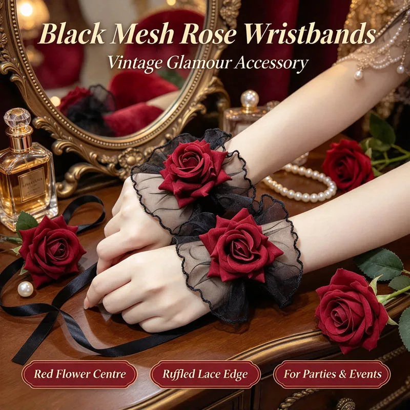 Black Ruffled Gothic Lolita Red Rose Lace Elastic Wristband Flower Wrist Cuff Cosplay Bracelet Wrist Accessory for Party Gift
