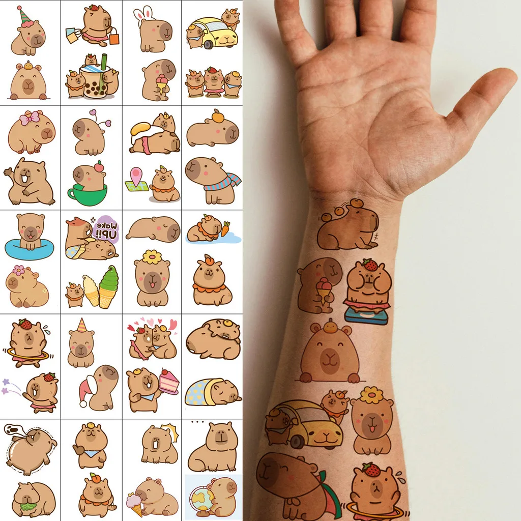 30pcs Capybara Stickers, Cute Dolphin Temporary Tattoos, Oblong Shape, for Birthday Gift, Animal Party Supplies
