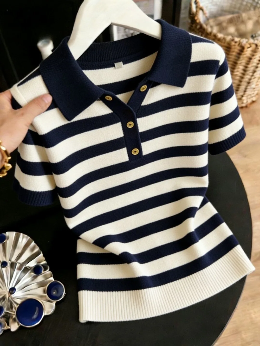 

Slimming Striped Neck Short Sleeve T-Shirt Women's Summer New Style Cover Belly Shoulder Appropriate Knitted Top