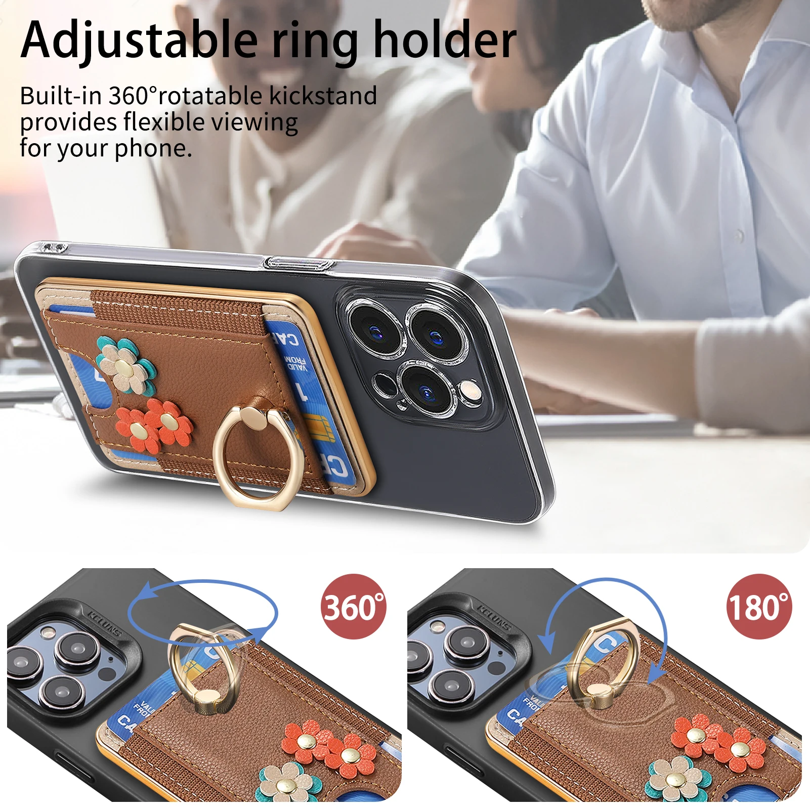 Flower Ring Stand Card Holder, Holds 2-3 Cards, Compatible with iPhone/android, Perfect Halloween Gift for Girlfriend/family