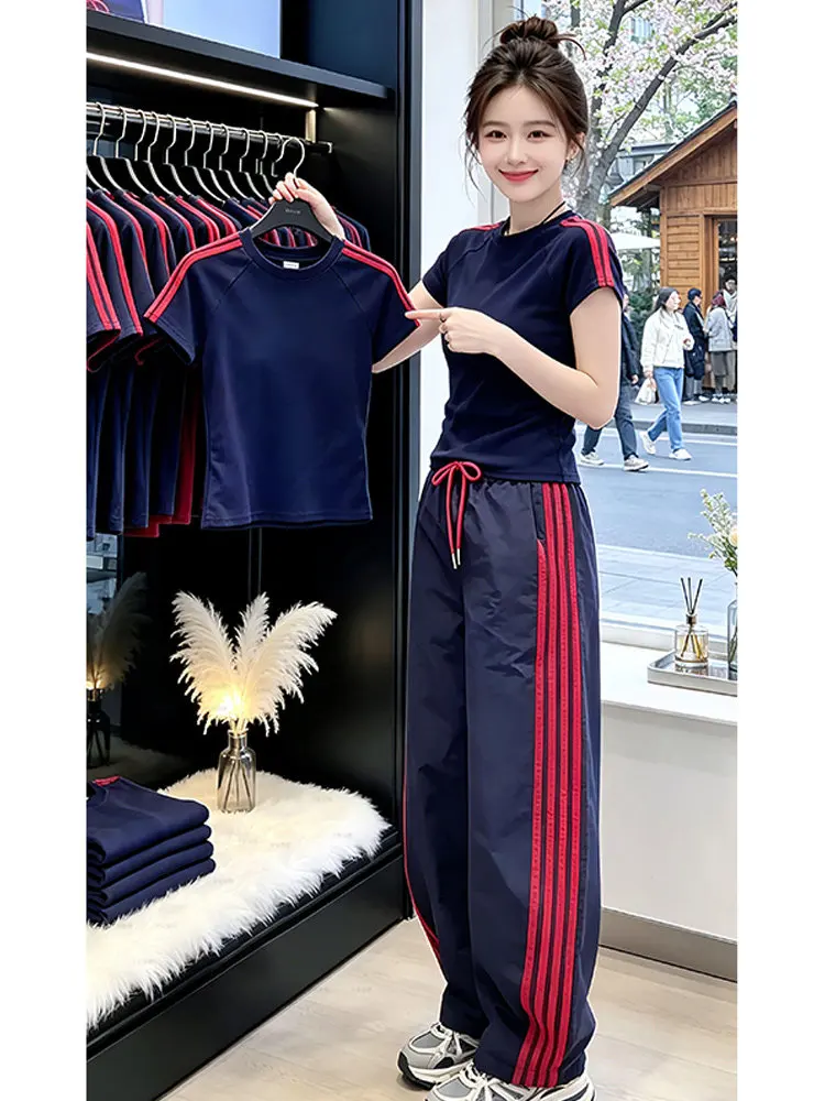 

Summer New Women's Casual Sportswear Set Striped Color Block T-Shirt Short Sleeve High Waist Pants Fashionable Two-Piece Suit