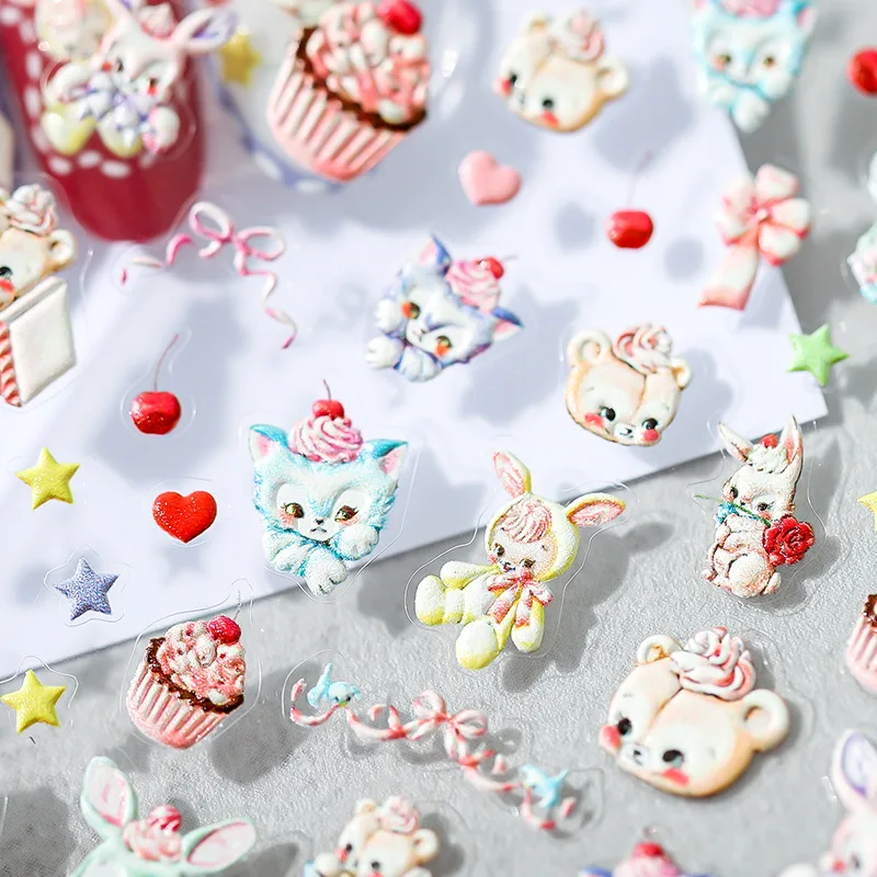 5D Lovely Cake Bear Rabbit Cartoon Soft Reliefs Self Adhesive Nail Art Decoration Stickers 3D Nail Decals Wholesale Dropshipping