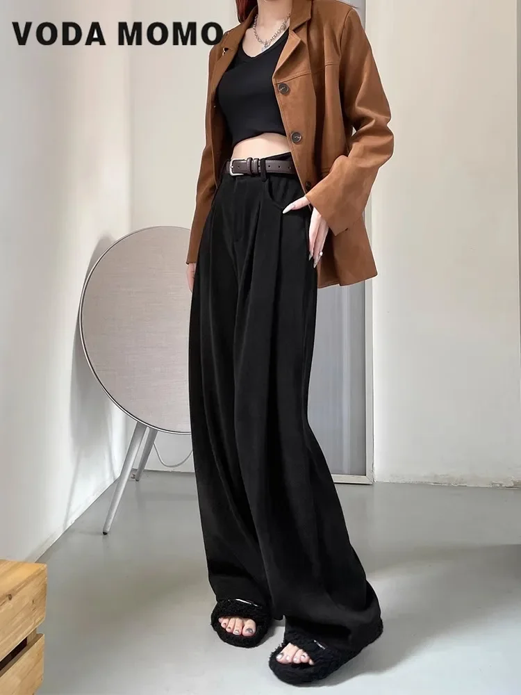 Versátil coreano 2024 nuevo Otoño Invierno pana Simple alta cintura suelta Casual pierna recta traje pantalones mujeres Bell Bottoms