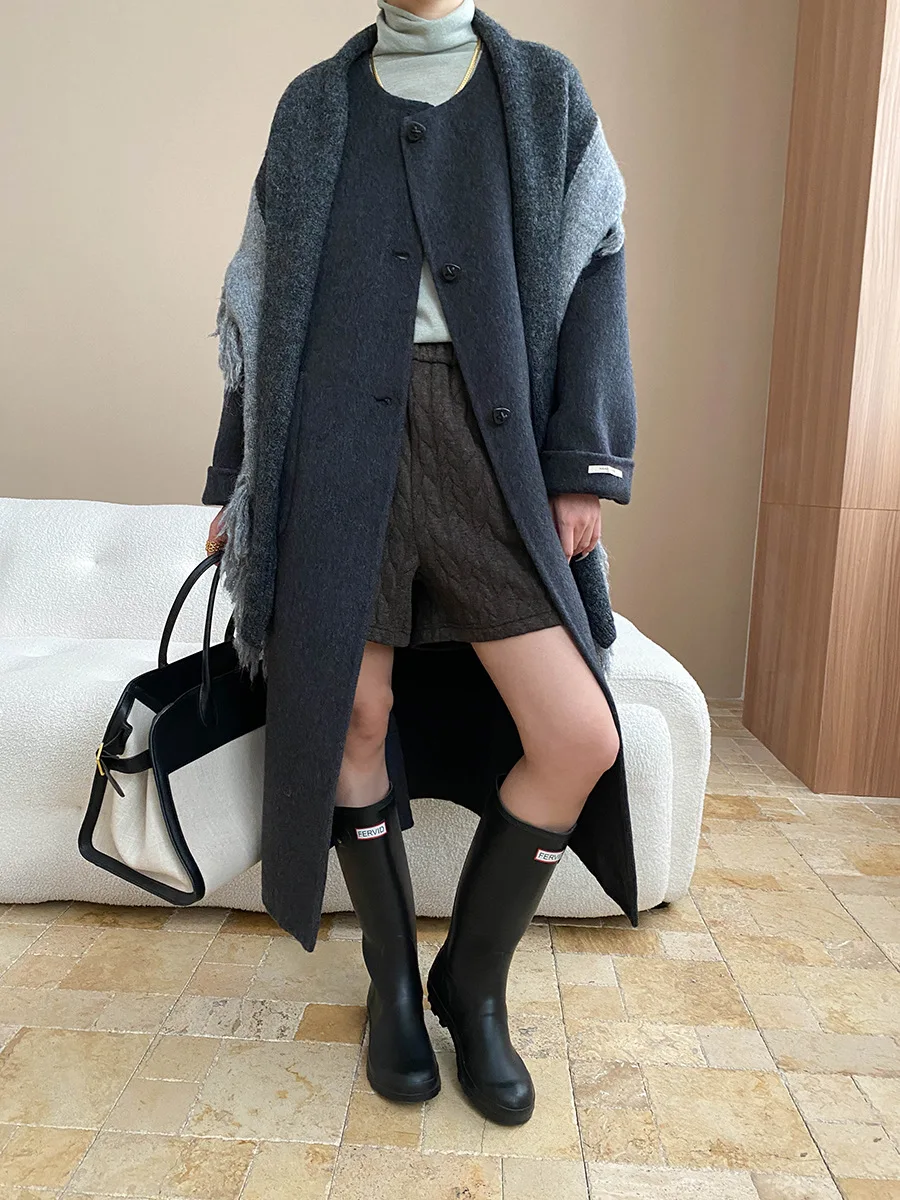 Winter women's casual solid color fashionable tassel scarf loose double-sided woolen coat jacket