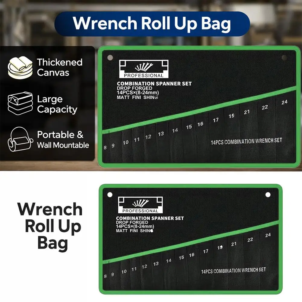 14 Pocket Tool Organizer Roll Durable Black Wrench Storage Bag Waterproof Roll Up Pouch For Garage Workshop Electrician