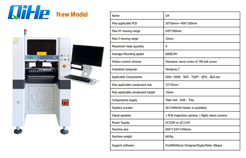 Qihe 4 LED PCB ประกอบพื้นผิวเดสก์ท็อป4หัวระบบการเลือกและวางระบบอัตโนมัติ SMD Q4