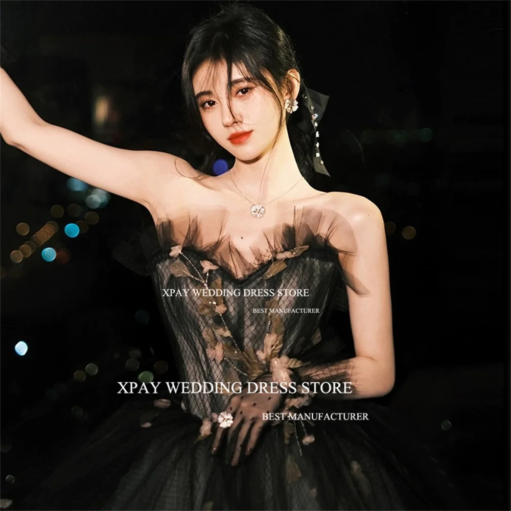 XPAY Elegant Black Strapless Korea A Line Evening Dresses 3D Leaf Lace Wedding Photos Shoot Pleats Formal Birthday Party Gowns