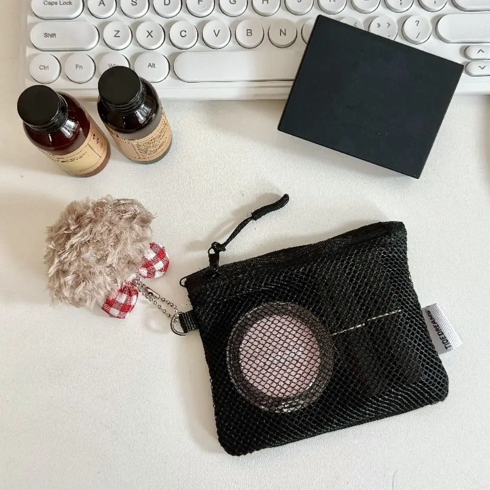 Bolsa de armazenamento de malha com zíper duplo, grande capacidade, economia de espaço, portátil, bolsa de moedas, quadrado, camada dupla, mini bolsa de maquiagem, cartão