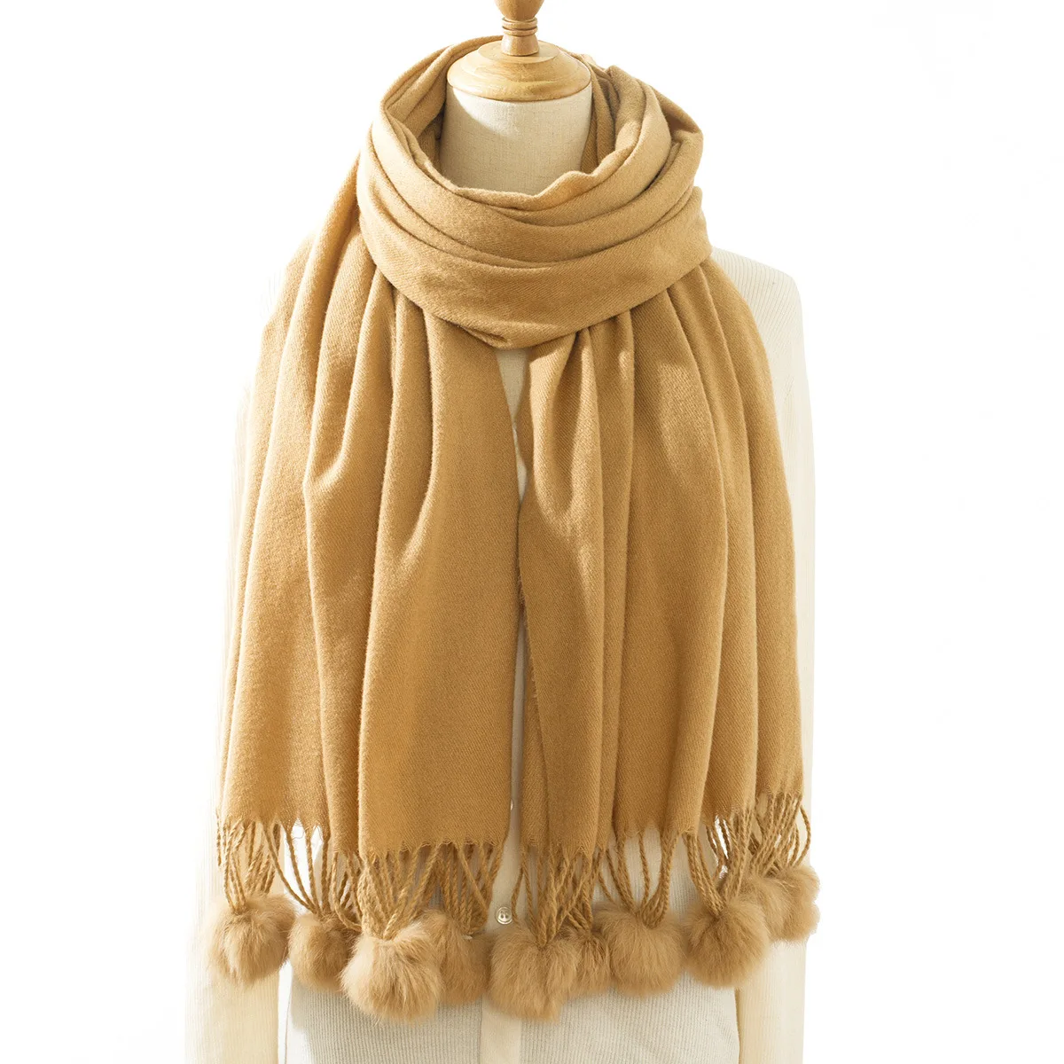 European and American New Solid-Color Imitation Cashmere Single-Color Tassel Pom Trendy Women's Versatile Warm Scarf