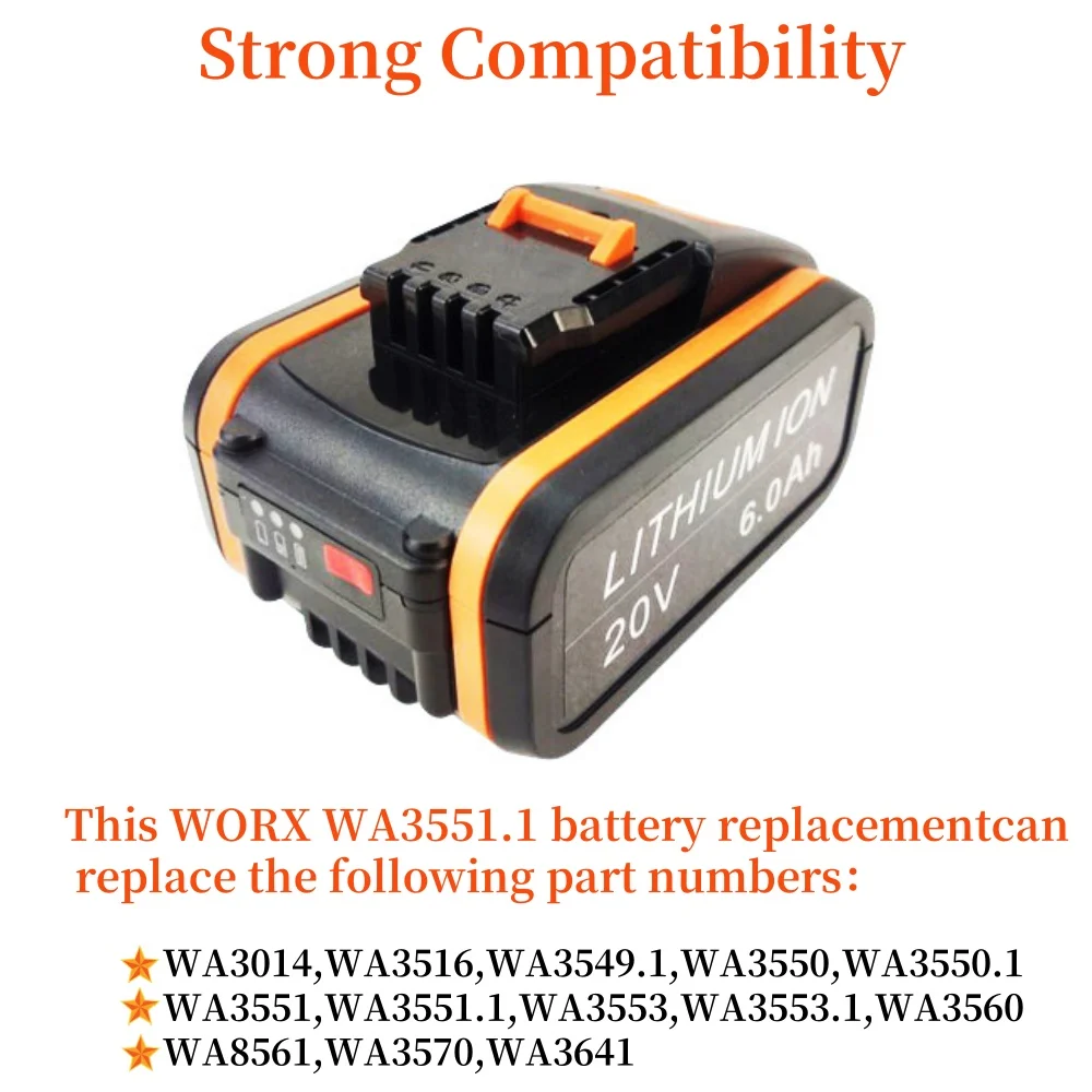 Original 6000mAh battery 20V cordless power tool battery for Worx WA3551 WA3572 WA3553 WX390 WX176 WX178 backup battery