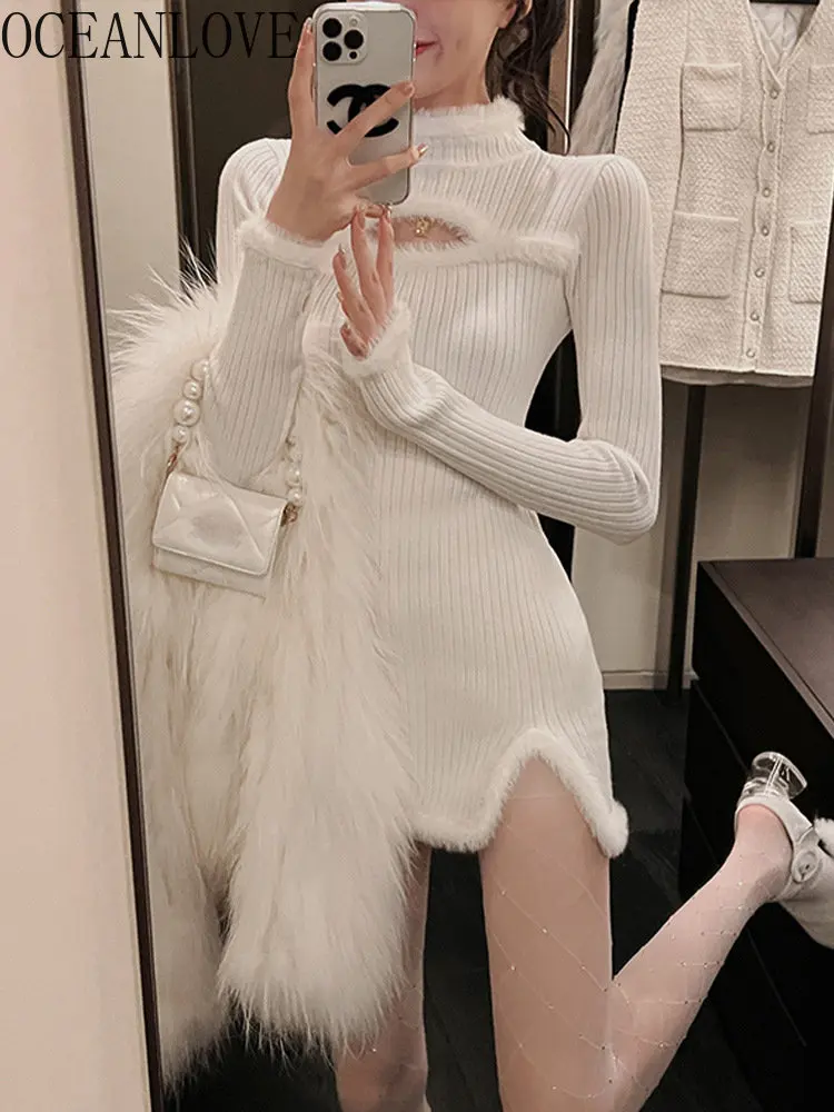 

OCEANLOVE Y2k одежда, женские платья, кашемировые вязаные осенне-зимние платья из норки, однотонные платья, женское платье с воротником средней длины