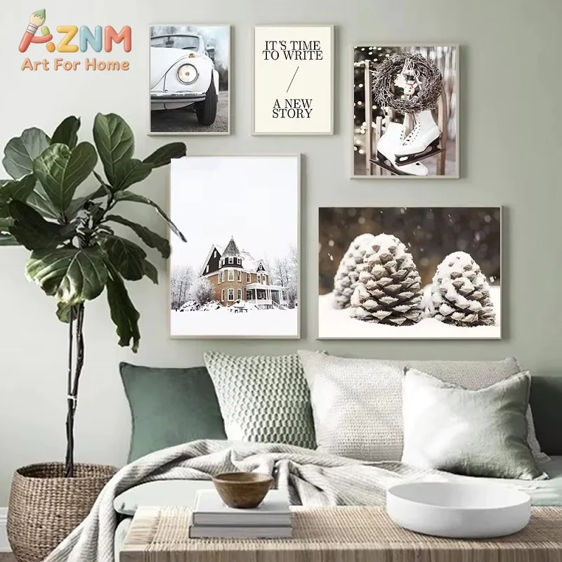 Single Winter Farmhouse Canvas Wall Art Snowy House Pinecone Ice Skate Wall Prints Living Room Bedroom Home Decor Poster Gift