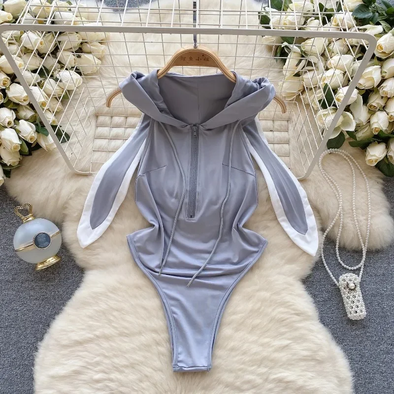 Sweet Bunny Anime Cosplay Sexy Lingerie Bodysuit Women Zipper Hooded Erotic Rompers Slim Catsuit Sexy Backless Sexy Playsuits