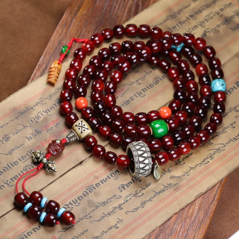 Authentic Niujiao Mountain Turtle 108-Bead Tibetan Multi-Strand Blood Shell Necklace