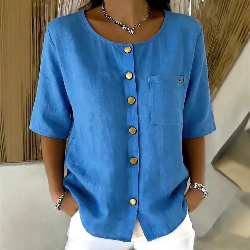 

Women Blouse Cap Sleeve Blue Women's Shirts Loose Fit Blouses Round Neck Top Pink Button-Red Open Front Solid Color Button