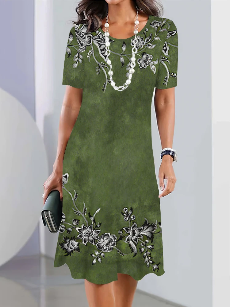 Nowa Sukienka w Kwiaty z Krótkim Rękawem w Stylu Boho na Wakacje Letnie Sukienki w Linii A Odzież Damska Plus Size z Kwiatowym Nadrukiem