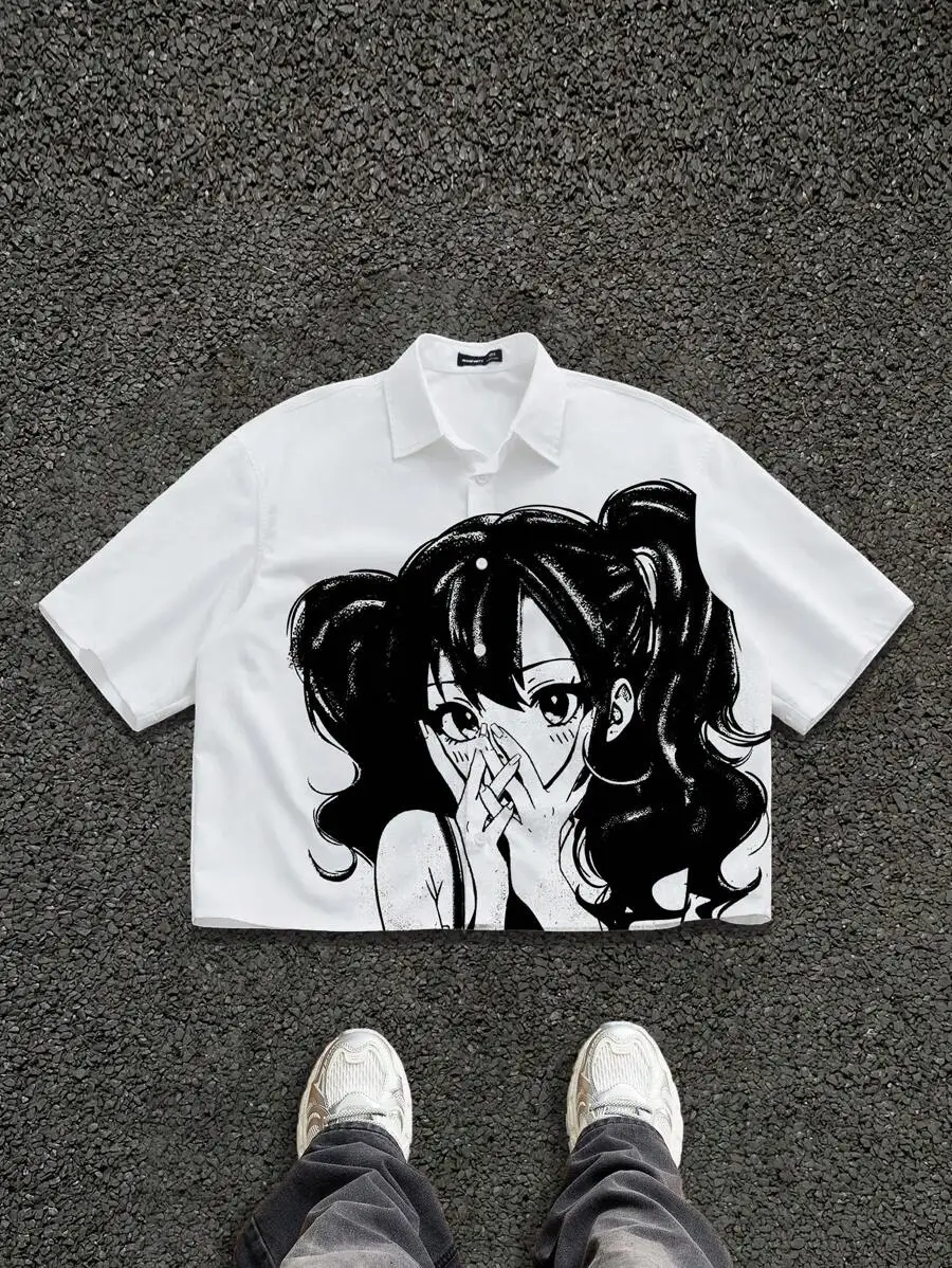 Hip Hop Casual Fit Cartoon Character Print Short Sleeve Shirt Cotton Men Loose Lapel T-shirt High Street Top Harajuku Streetwear