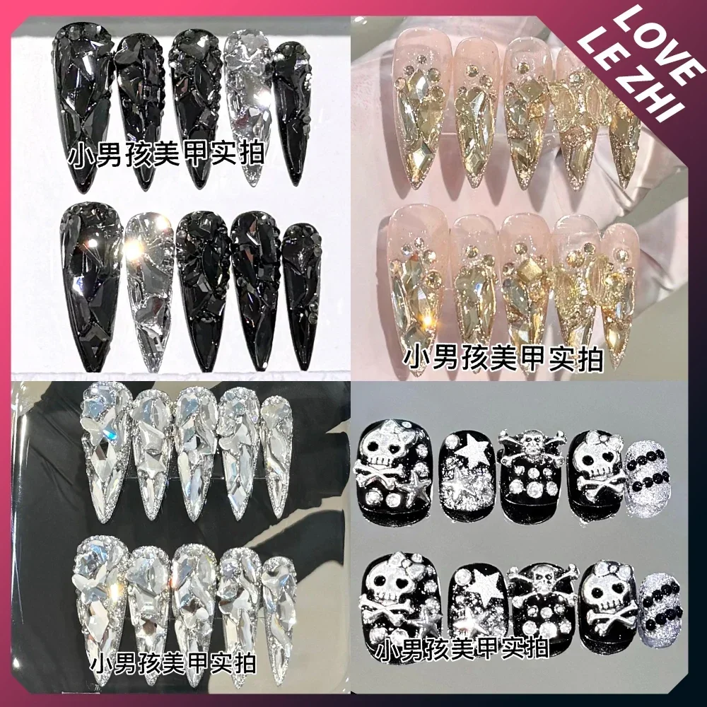 

Y2K Punk Handwork Coffin Metal Nail Art 3D Glittering Rhinestone Press On Nails Rose Decoration Bow Diamond Full Cover Nails