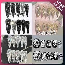 Y2K Punk Handwork Coffin Metal Nail Art 3D Glittering Rhinestone Press On Nails Rose Decoration Bow Diamond Full Cover Nails