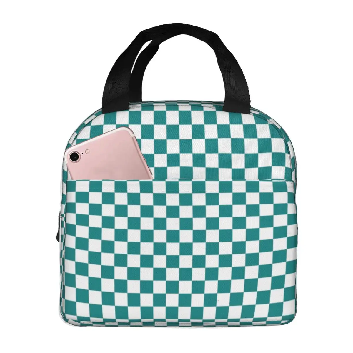 White And Teal Green Checkerboard Plaid Insulated Lunch Bag for Camping Travel Resuable Thermal Cooler Bento Box