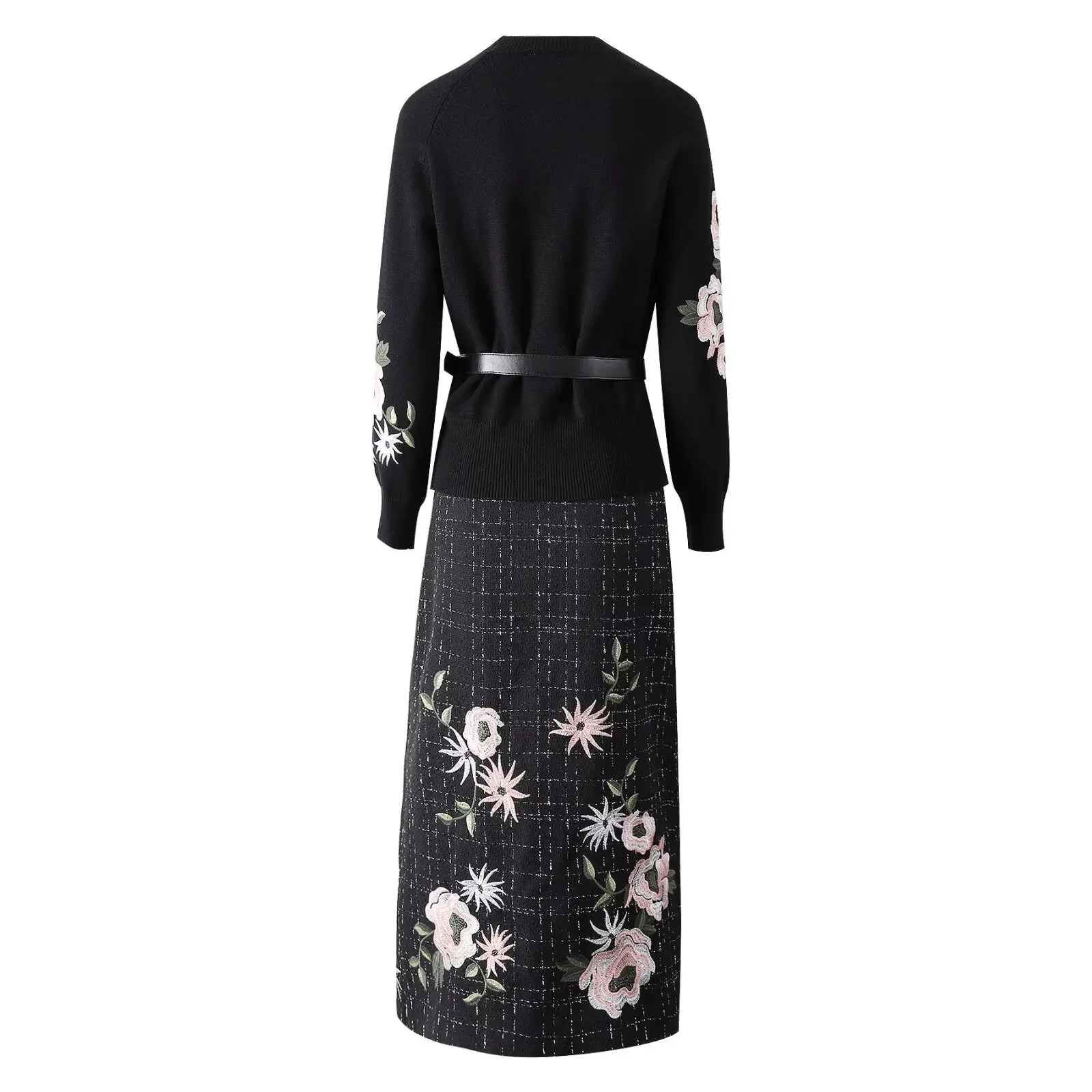 SEQINYY Elegant Black Suit Spring Autumn New Fashion Design Women Runway Sweater + Slim Weave Skirt Embroidery Flower Vintage