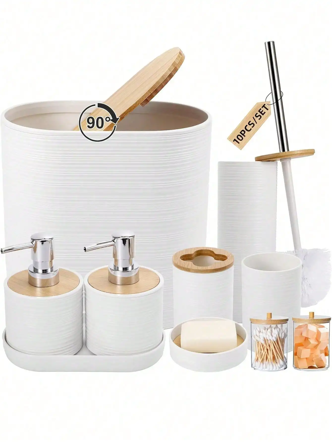 10pcs Classic Bathroom Set, White Bathroom Accessories Set With Trash Can, 2PCS Soap Dispensers, Soap Dish, Toothbrush Holder, Toothbrush Cup,Toilet Brush, Tray And Qtip Holders For Bathroom Decor