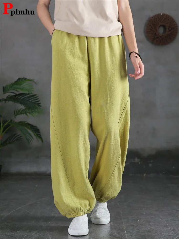 

Summer Cotton Linen Women Big Size Bloomers Pants Casual Hig Wiast Ankle-length Pantalones Thin Baggy 4xl Mom Jogger Sweatpants