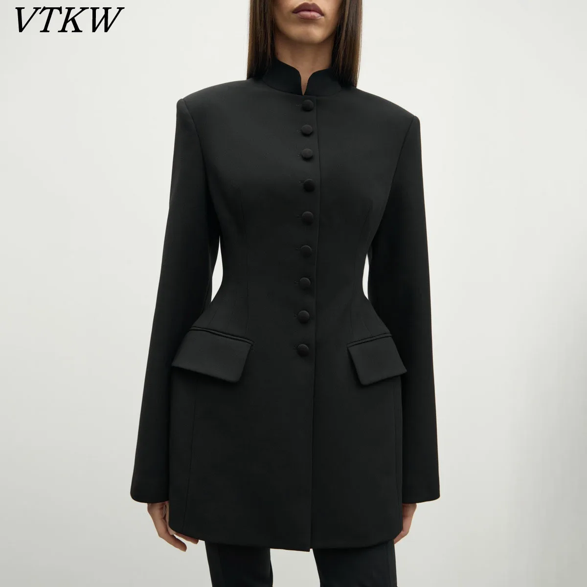 

VTKW женский однобортный пиджак средней длины с воротником-стойкой, элегантный, минималистичный, роскошный, осень-зима 2023 г.