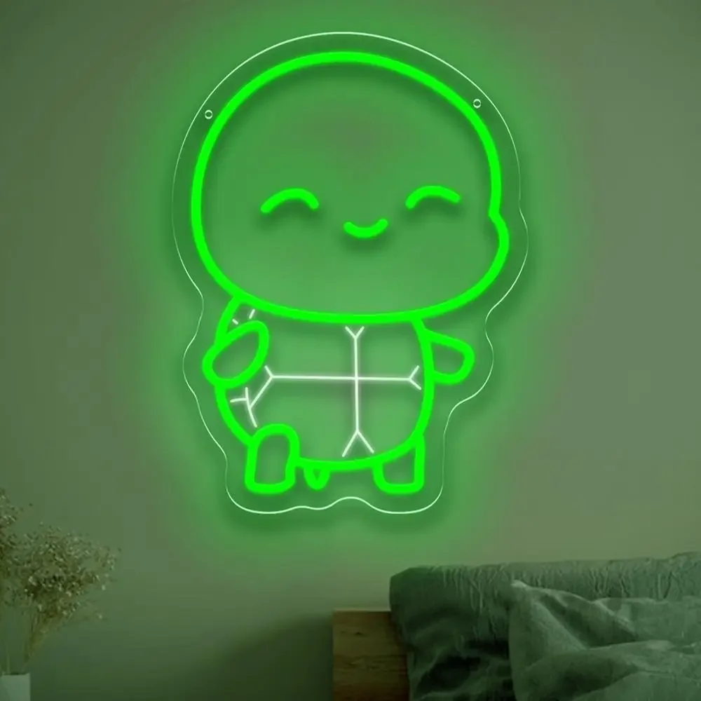 Cute Green Turtle Neon Sign LED Wall Art Smile Cartoon Animal USB Powered Dimmable Acrylic Glow Lamp Kids Room Decoration