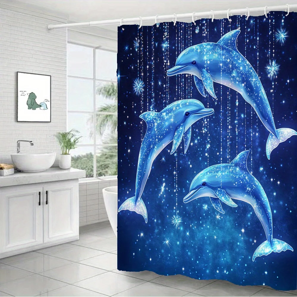 Magical Sparkly Dolphin Shower Curtain Polyester Digital Printing Three Shiny Glittery Blue Jumping Dolphins Twinkling Stars