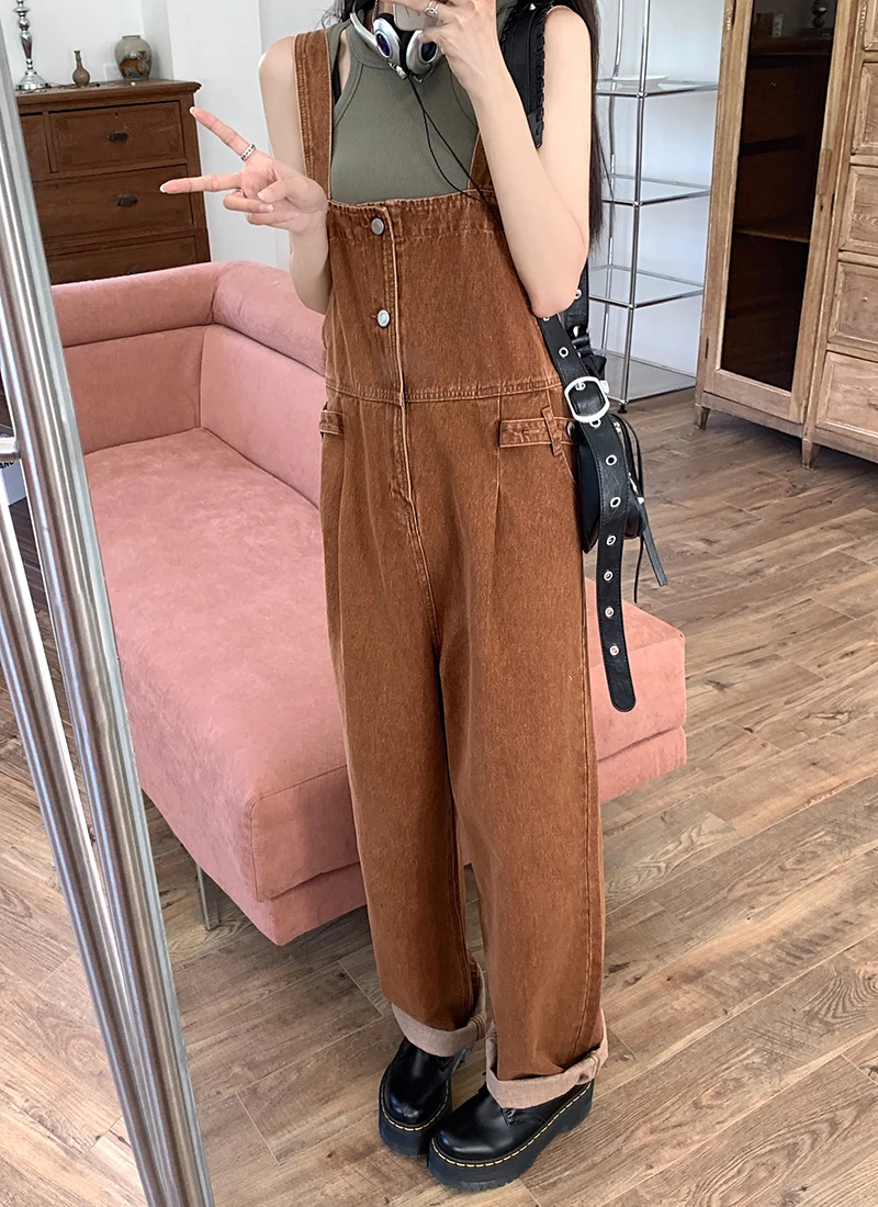 SML jeans 2022 Autumn Safari Style loose Girls Coffee wide leg trouser jumpsuit korean casual denim overalls womens (78921