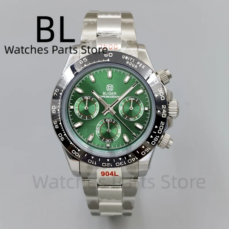 BLIGER 39mm Luxury Green Dial Chronograph VK63 Men Watch Reloj Hombre Stainless Steel Polished Cent Ceramic Bezel Sapphire Glass