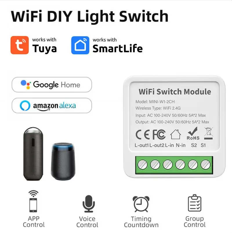 Tuya WIFI Smart Switch Module 2/3/4 Gang 2 Way Control Switches Breaker Mini Relay Smart Life For Alexa Home Smart Switch