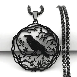 Hollow Crow Raven Birds Pendant Necklace Women Men Stainless Steel Black Color Love Flower of Life Knight Chain Jewelry Gifts