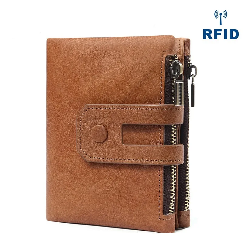 Men's Small Wallet RFID Genuine Leather Short Wallet Casual Fashion Double Zipper Card Holder Retro Coin Purse Money Bag Clutch