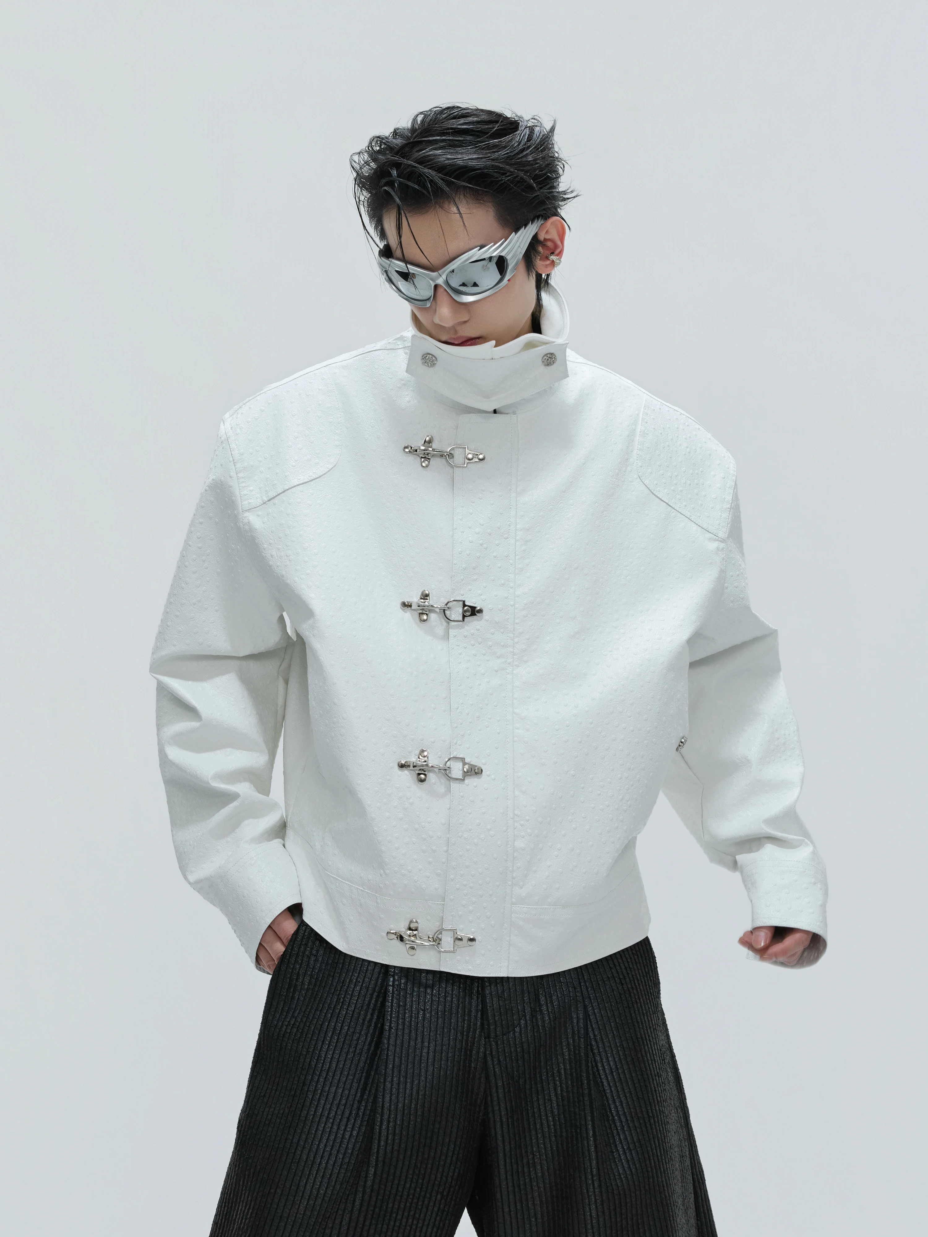 Thickened Cotton Jacket Inner Fur Aircraft Buckle Leather Coat Youthful Vitality Style Winter Warm Zipper Pocket PU Leather